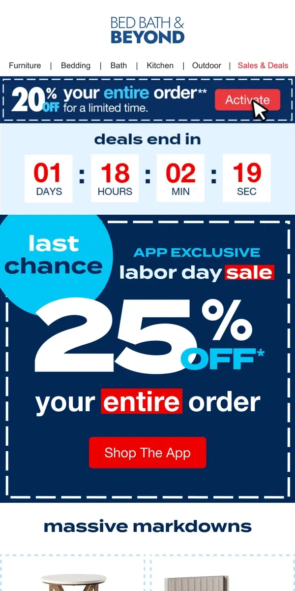 Email from Bed Bath & Beyond. 🚨 ENDS TOMORROW: 25% Off in the App 🚨