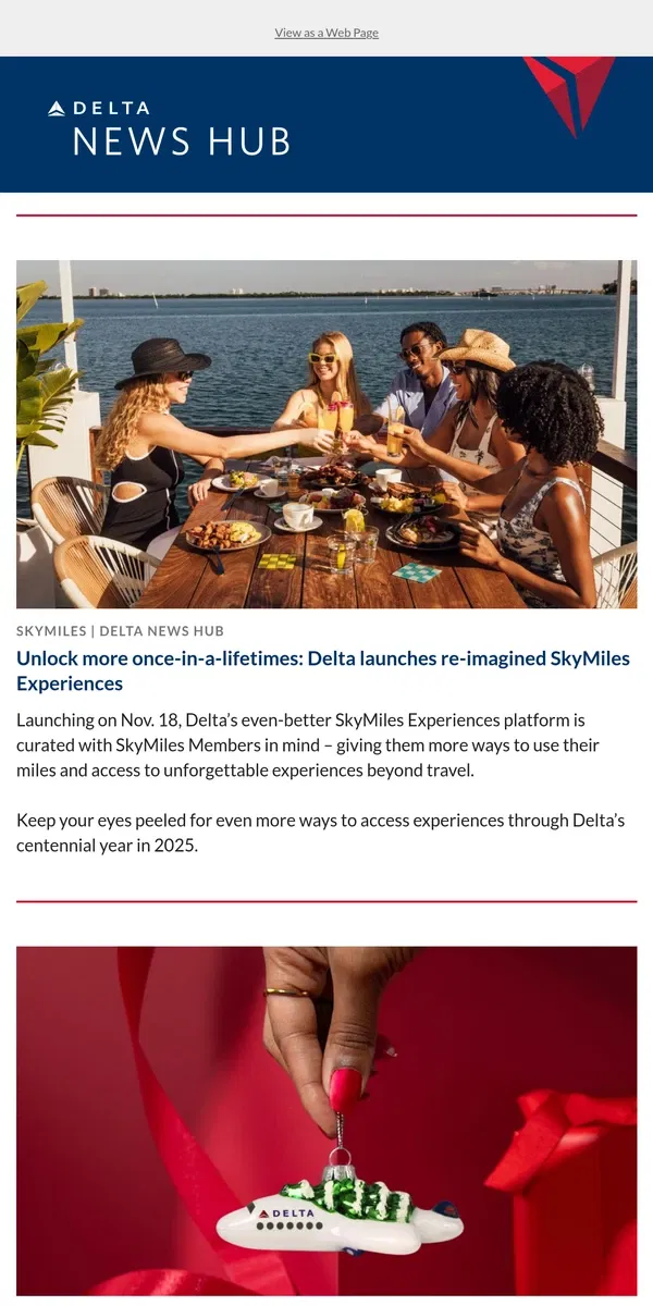 Email from Delta Air Lines. Unlock once-in-a-lifetime adventures with SkyMiles Experiences