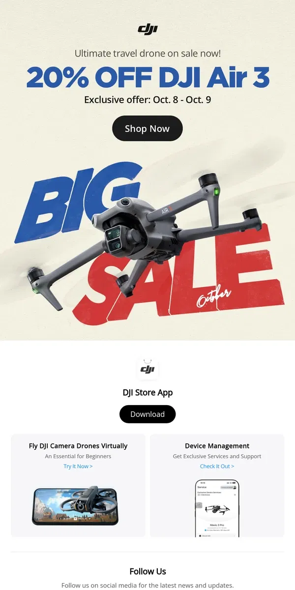 Email from DJI. Flash Sale! 20% Off DJI Air 3!