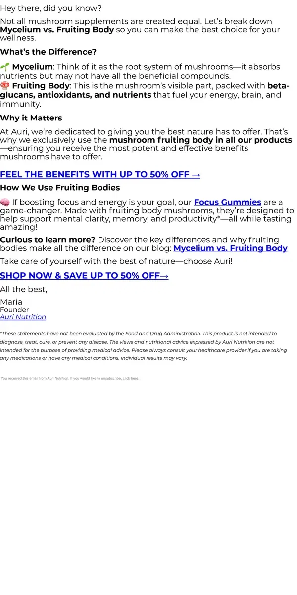 Email from Auri Nutrition. ‼️The Truth About Mycelium & Fruiting Bodies