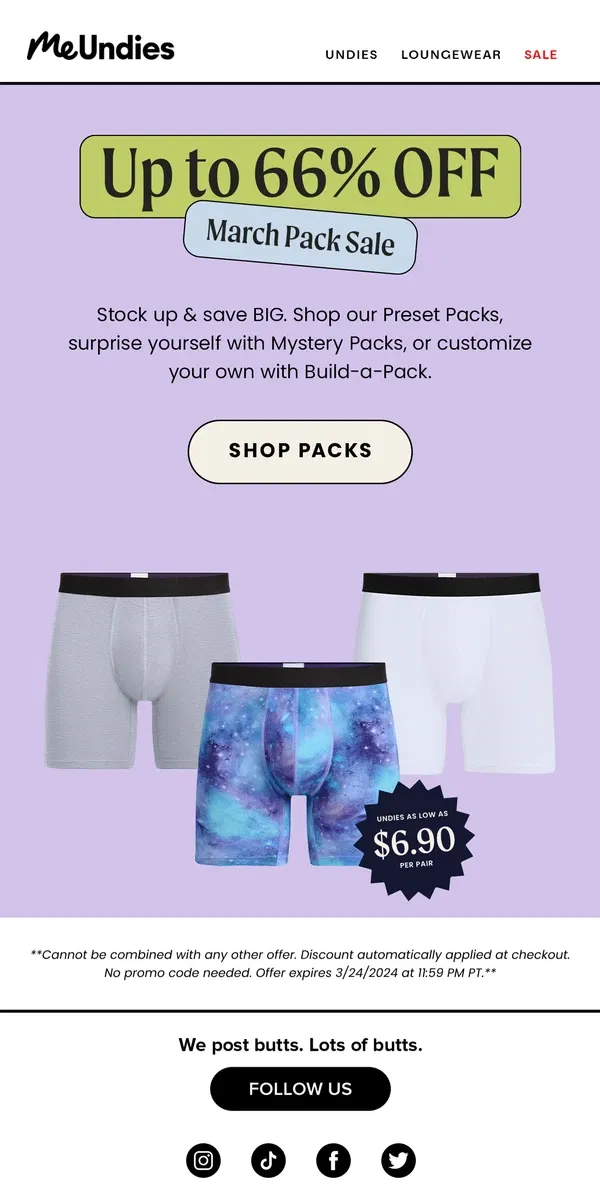 Email from MeUndies. Pack Sale! Up to 66% Off Packs