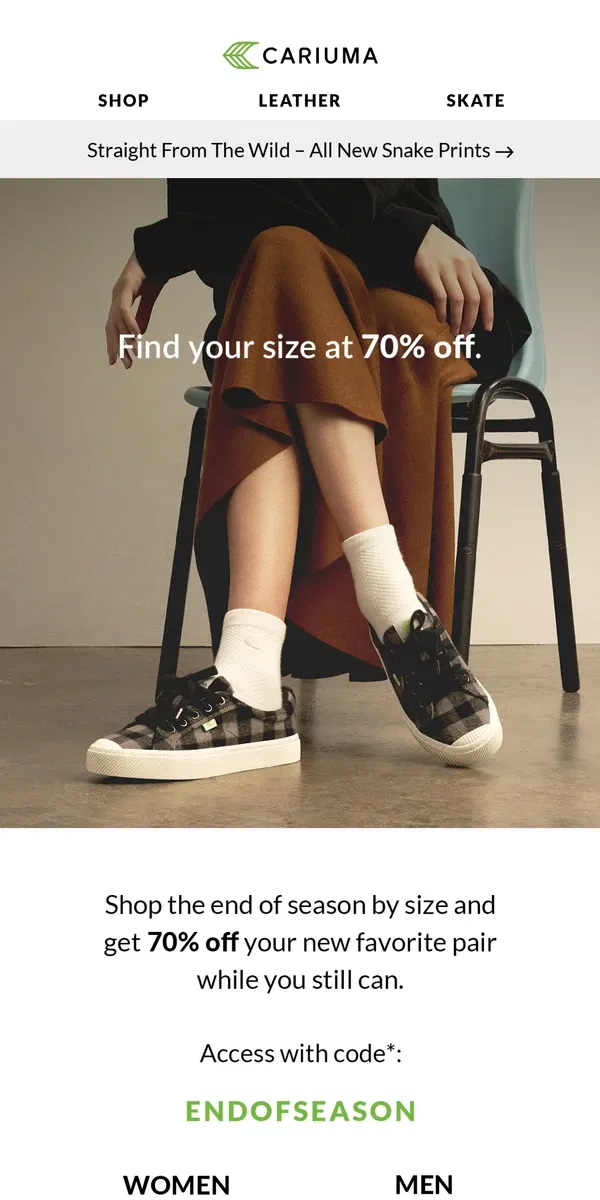 Email from Cariuma. Shop Your Size at 70% Off