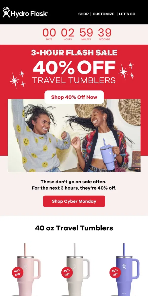 Email from Hydro Flask. 40% OFF TRAVEL TUMBLERS