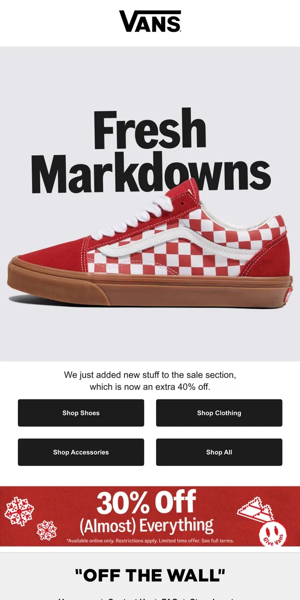 Email from Vans. NEW MARKDOWNS, NOW AN EXTRA 40% OFF!