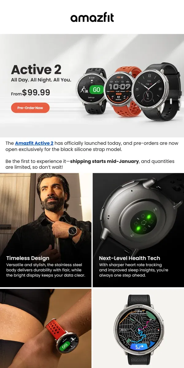 Email from Amazfit. Introducing the New Amazfit Active 2 – Pre-Order Today!