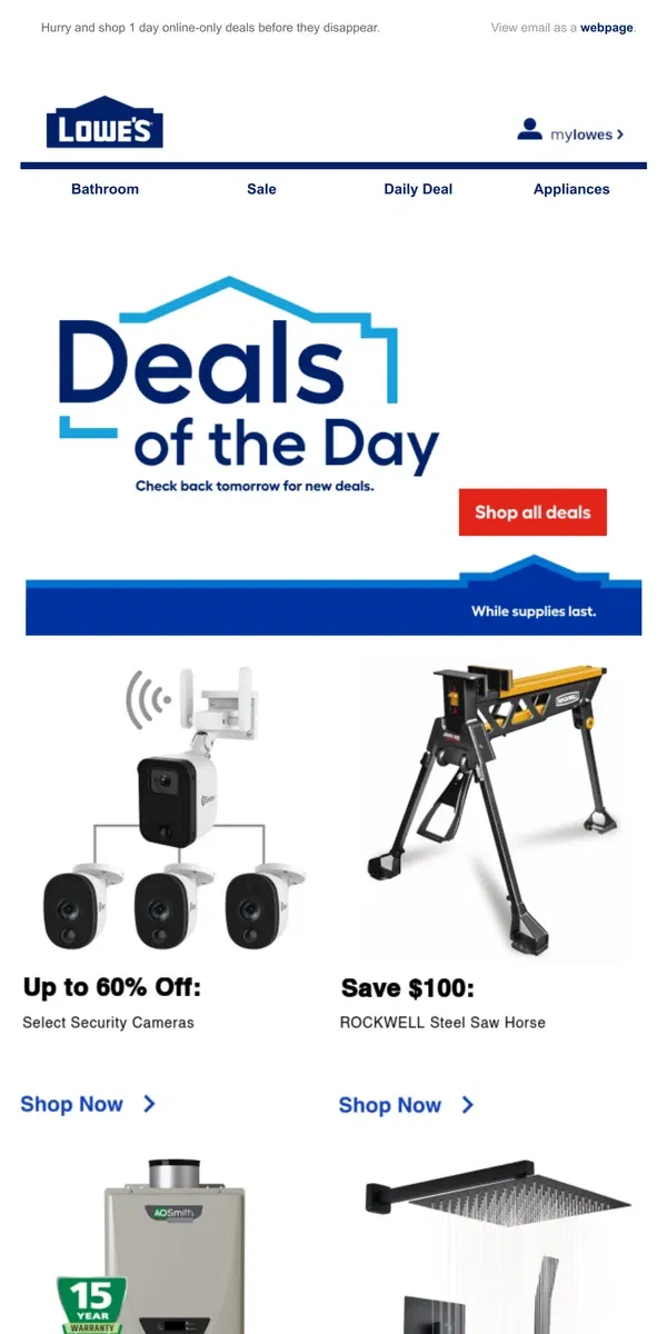 Email from Lowe's. LIMITED TIME deals, just for today.