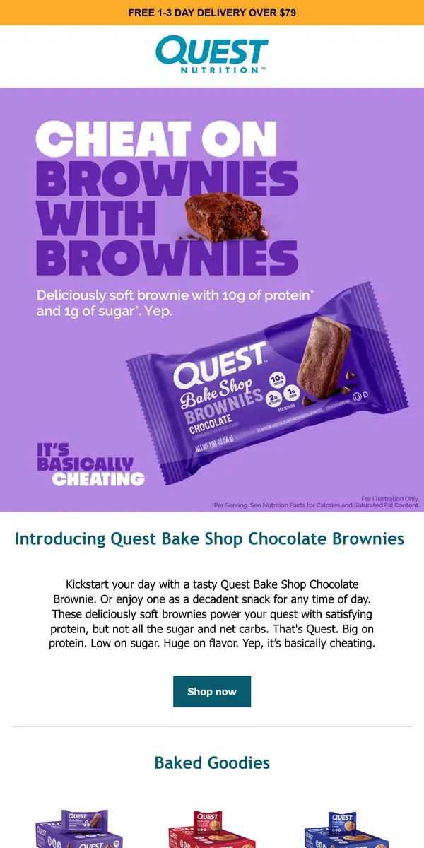 Email from Quest Nutrition. Fresh Baked Treats: NEW Bake Shop Brownies!