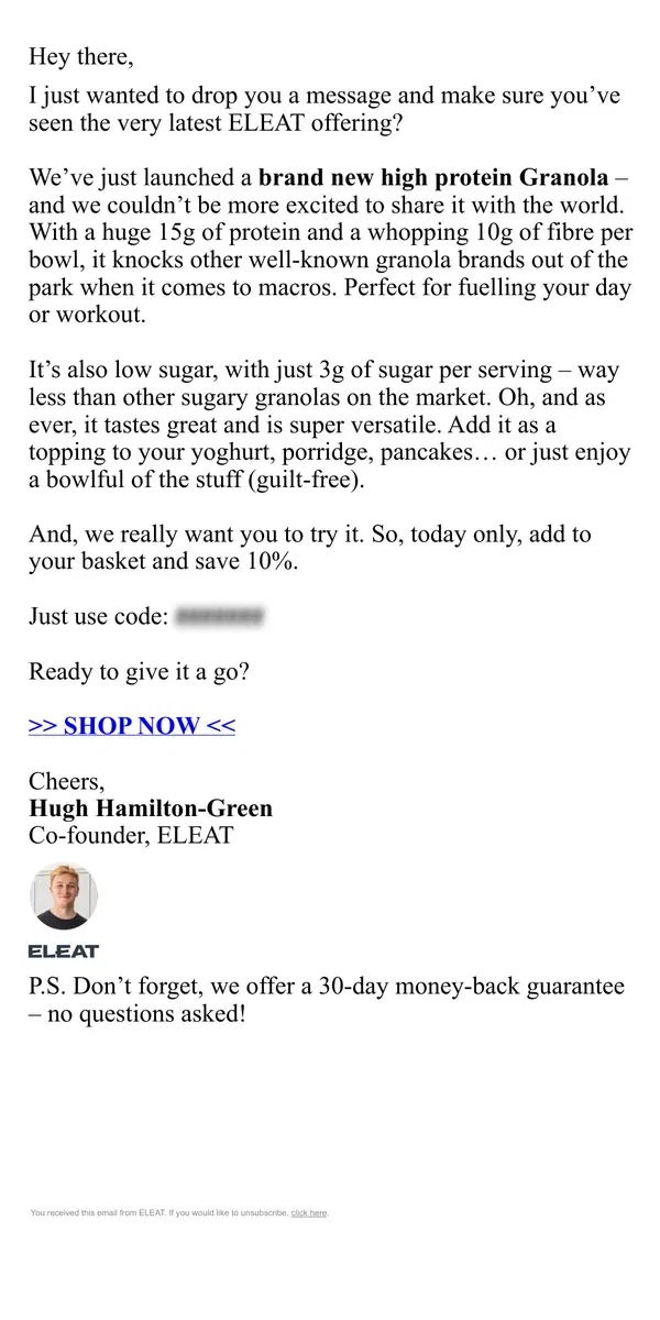 Email from ELEAT. Have you seen our new Protein Granola?