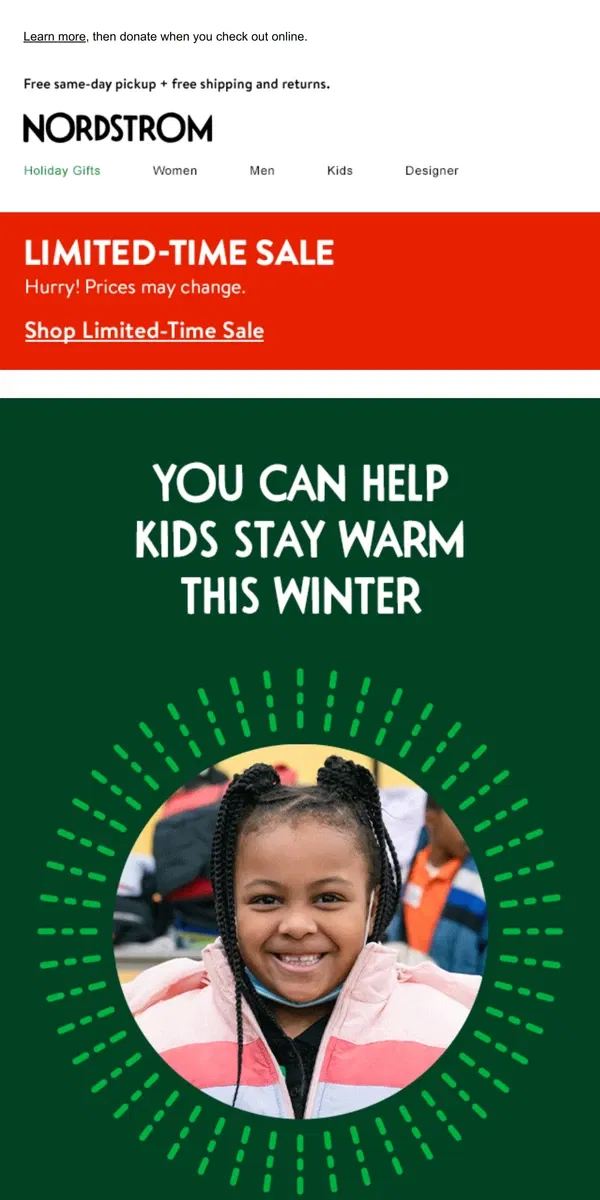 Email from Nordstrom. Support Operation Warm and help us give coats to kids