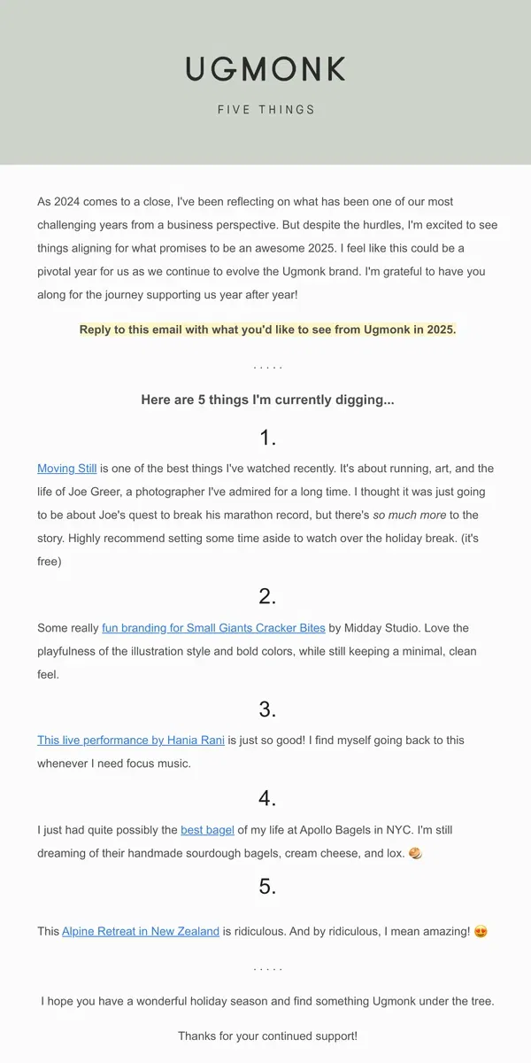 Email from Ugmonk. 5 things I'm digging – December edition