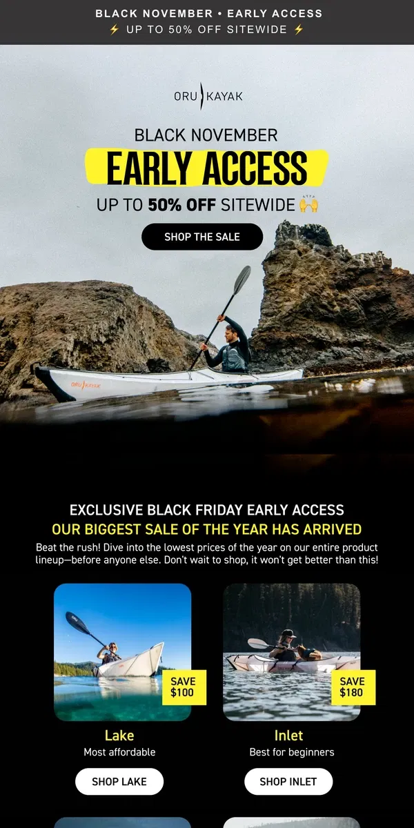 Email from Oru Kayak. Black Friday Early Access Starts Now 🔥