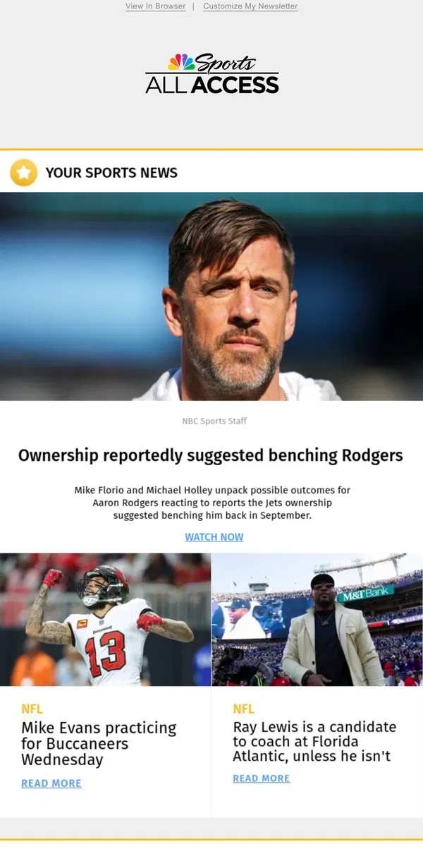 Email from NBC Sports. Report: Ownership suggested benching Rodgers