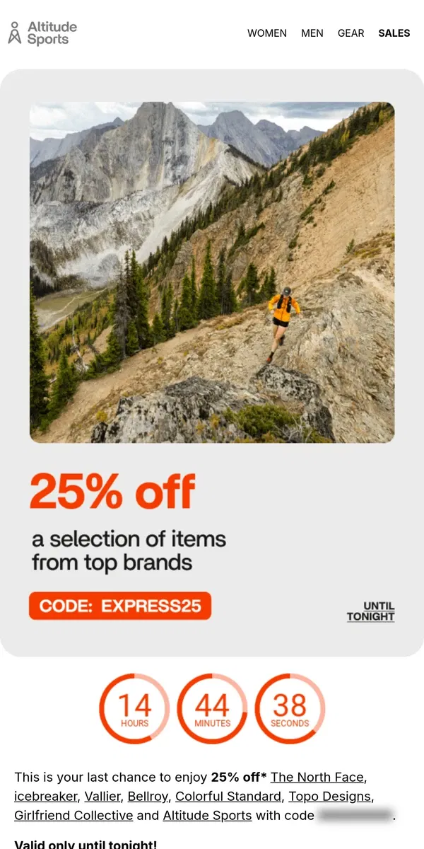 Email from  Altitude Sports. LAST CHANCE | 25% off select styles