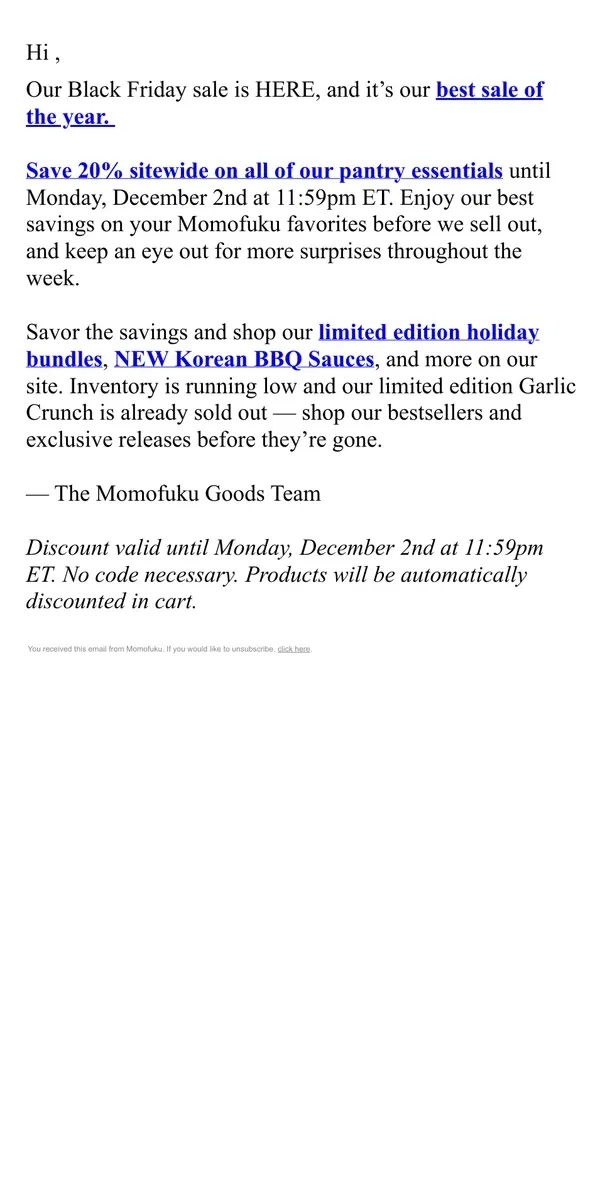 Email from Momofuku. NOW LIVE: Save 20% sitewide for our Black Friday Sale!