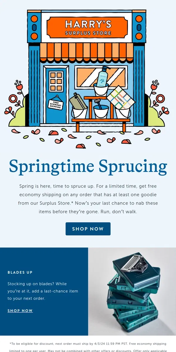 Email from Harry's. Free economy shipping 🤝surplus goodies