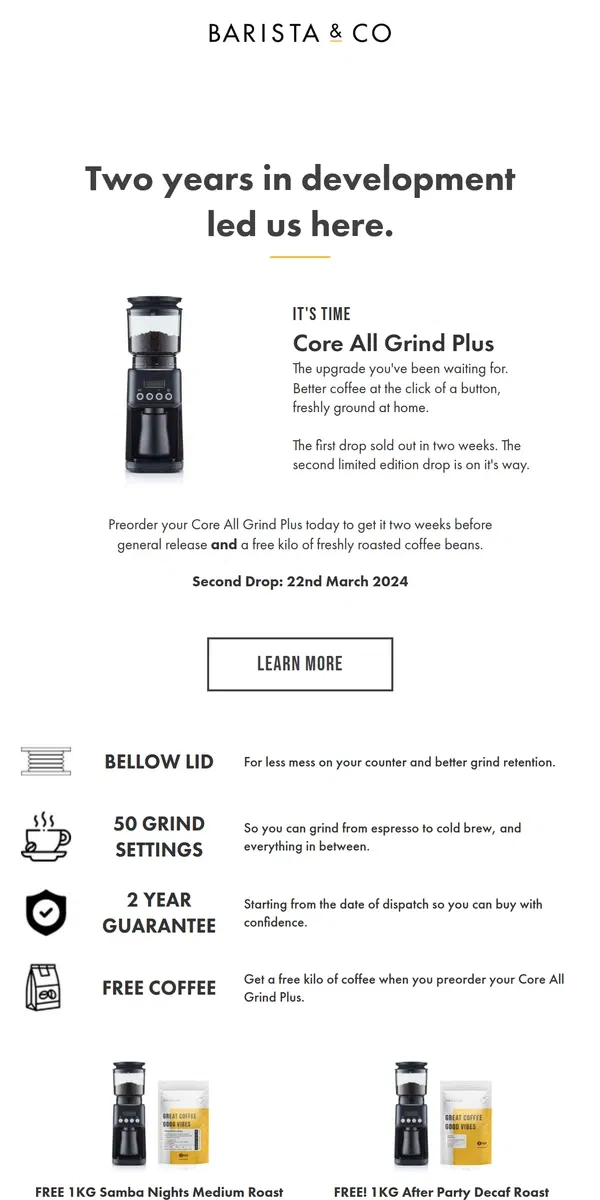 Email from Barista & Co. Exclusive Early Access: Core All Grind Plus 😏