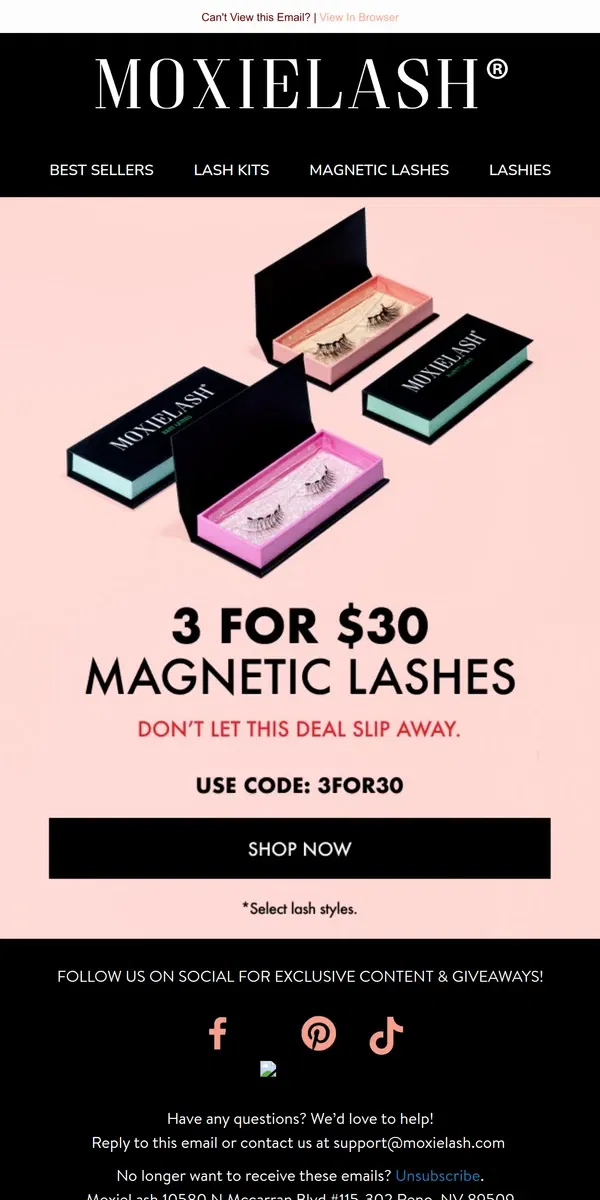 Email from MoxieLash. Get 3 Magnetic Lashes for $30