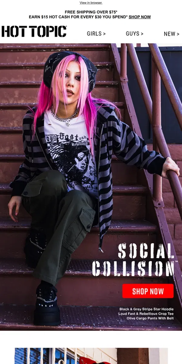 Email from Hot Topic. Channel your inner rock star with these Social Collision pieces 🤩🎶