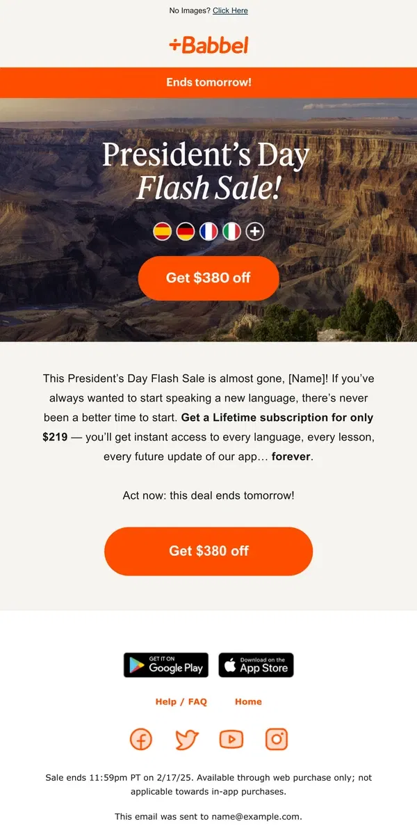 Email from Babbel. 🔔 REMINDER: Lifetime for $219 ends tomorrow