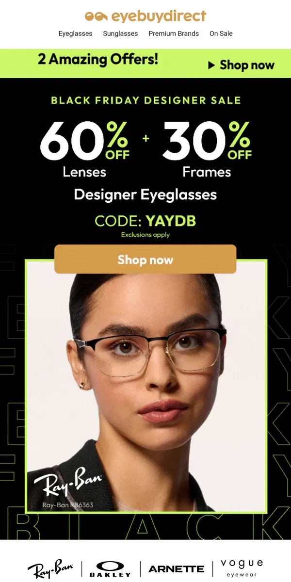 Email from Eyebuydirect. Your Epic Black Friday Designer Sale 🖤🤓 