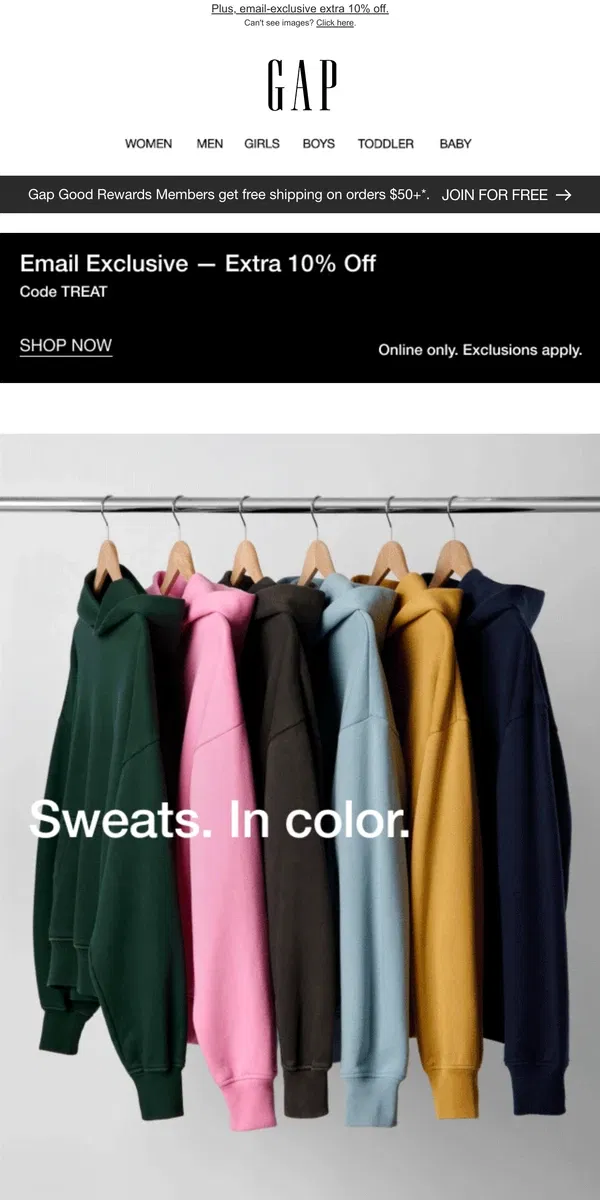 Email from GAP. Sweats in technicolor