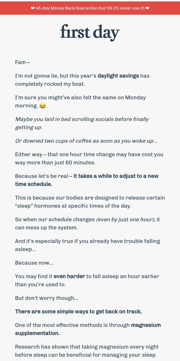 Email from First Day. Survive daylight savings with this one trick