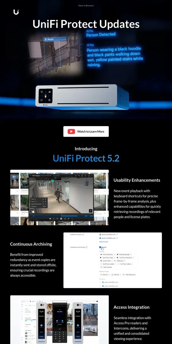 Email from Ubiquiti. UniFi Protect Updates: AI Key | Protect 5.2