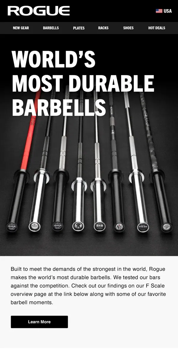 Email from Rogue Fitness. World's Most Durable Barbells