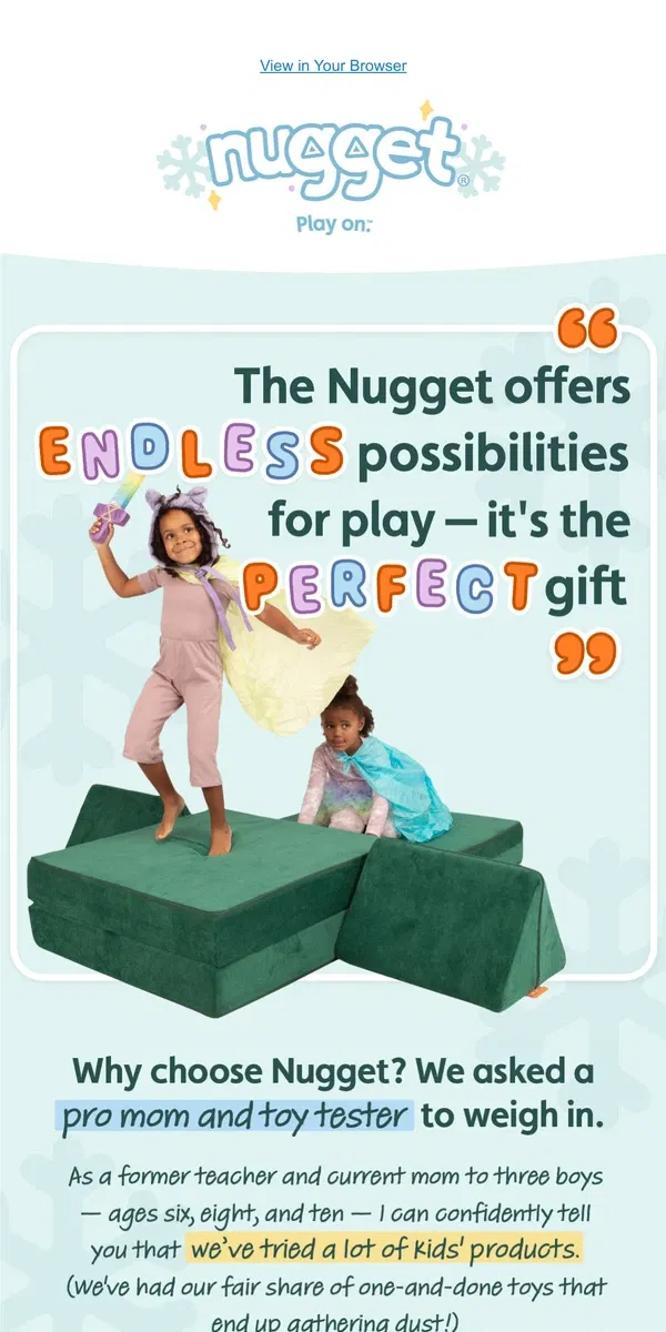 Email from Nugget. "Forever toys" that grow with them