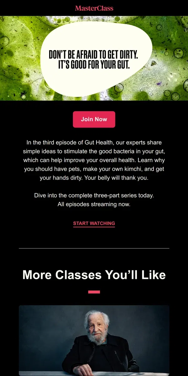 Email from Masterclass. Improve your life by rebuilding your gut