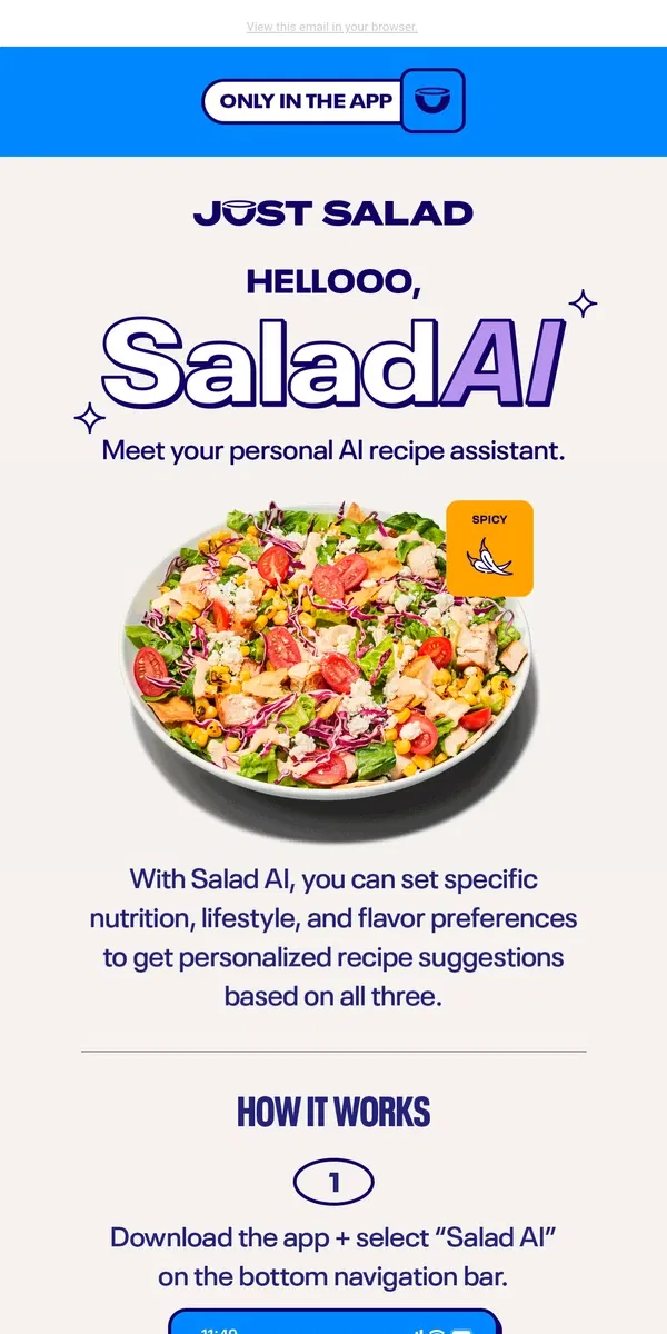 Email from Just Salad. SALAD AI IS HERE