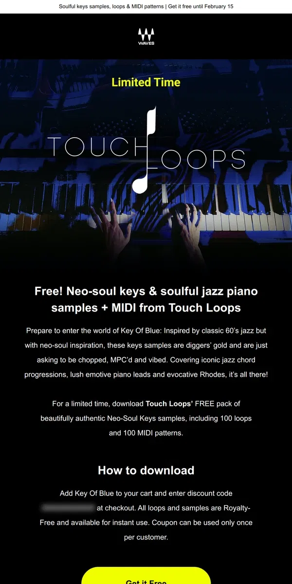 Email from Waves Audio. FREE Sample + MIDI Pack: Key Of Blue - from Touch Loops