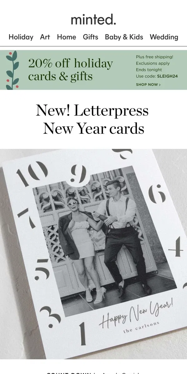 Email from Minted. 20% off letterpress New Year cards