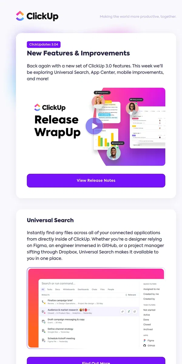 Email from ClickUp. Universal Search, App Center, mobile improvements, and more!