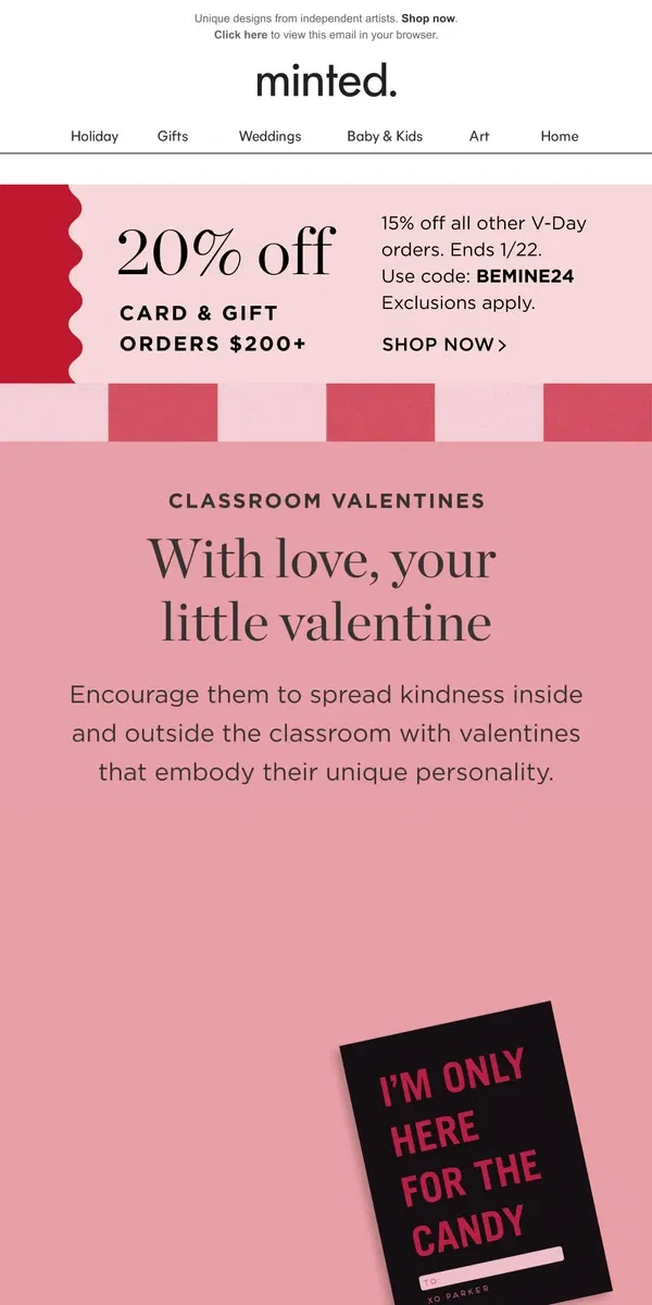 Email from Minted. Unique valentines for kids of all ages