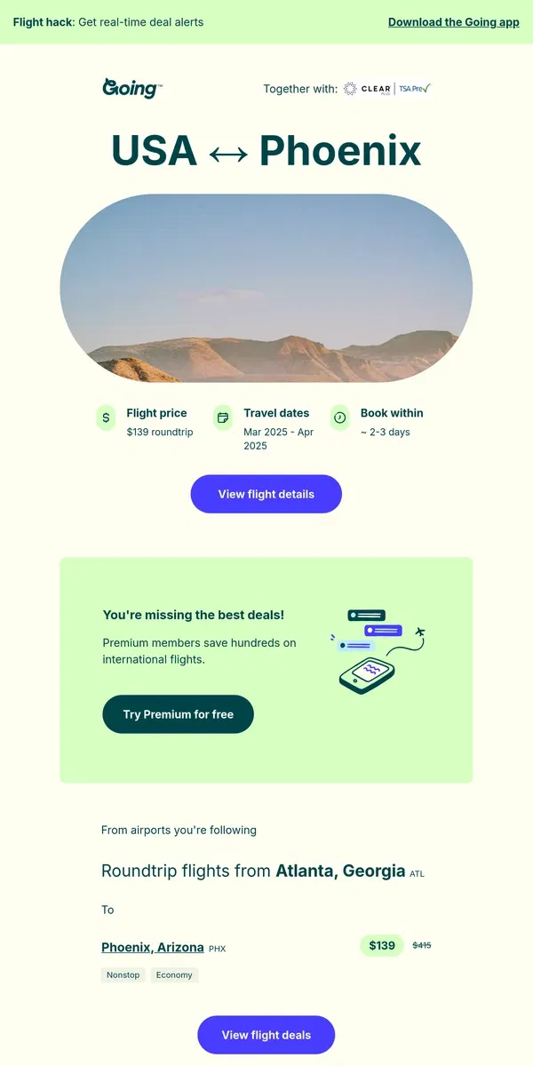Email from Going. 🌵 *nonstop* USA ↔️ Phoenix —  $139 (Mar-Apr)