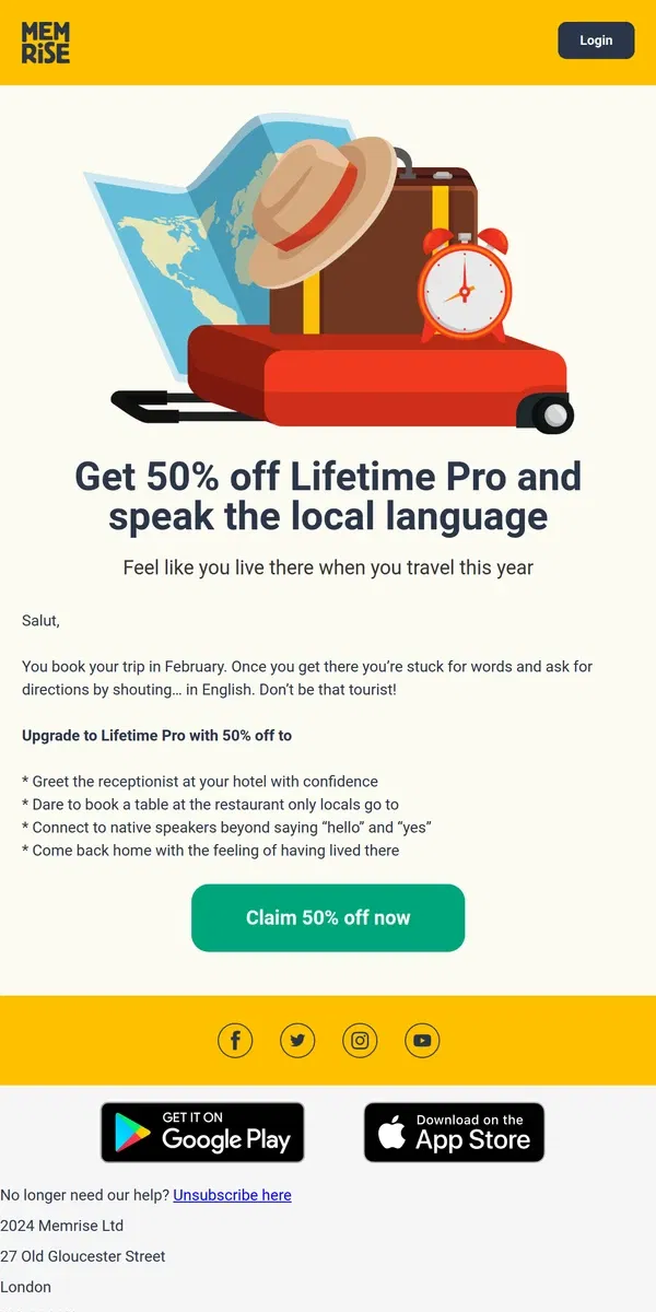 Email from Memrise. Get 50% off Lifetime Pro and have better travel experiences this year - speak the language confidently