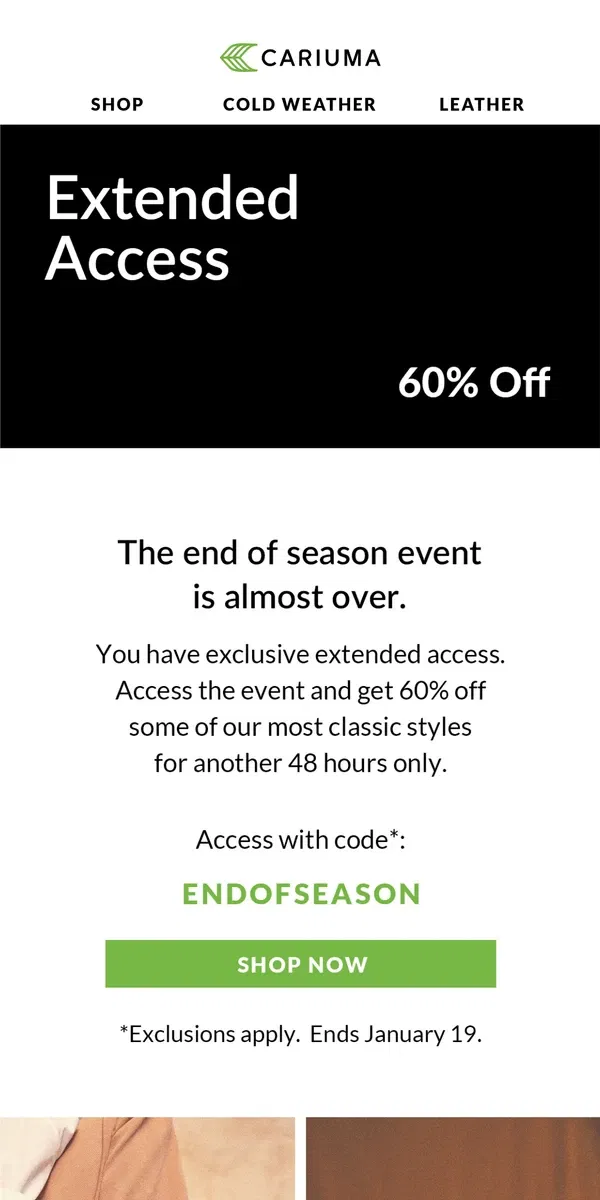 Email from Cariuma. EXTENDED: 60% Off Select Styles