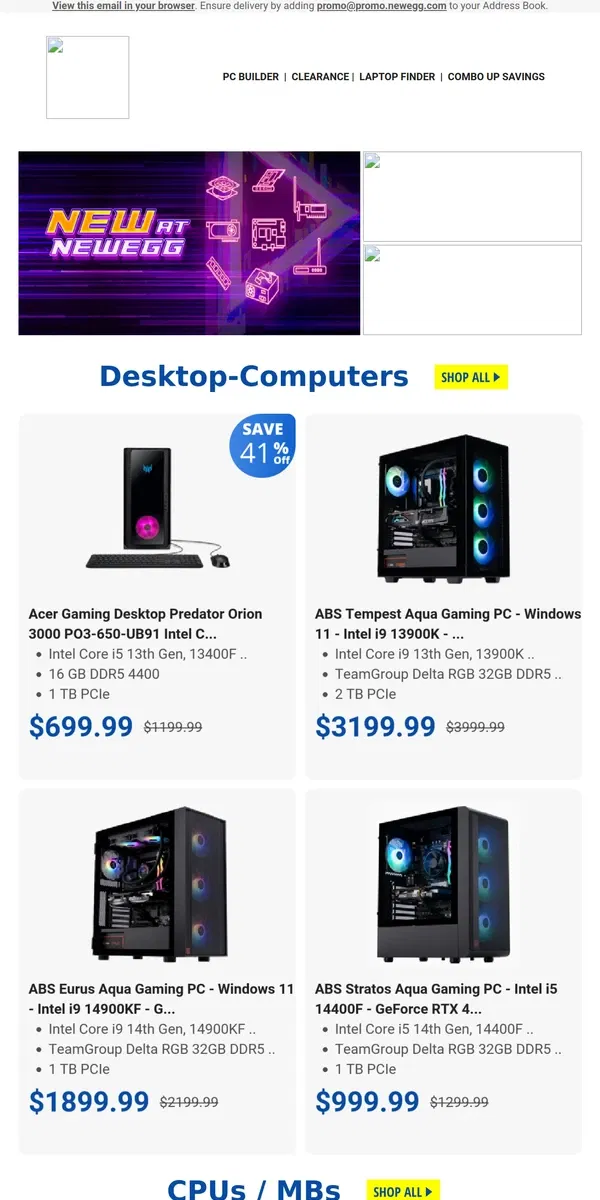 Email from Newegg. $699.99 Acer Predator Orion 3000! $349.00 AMD Ryzen 7 7800X3D Processor!