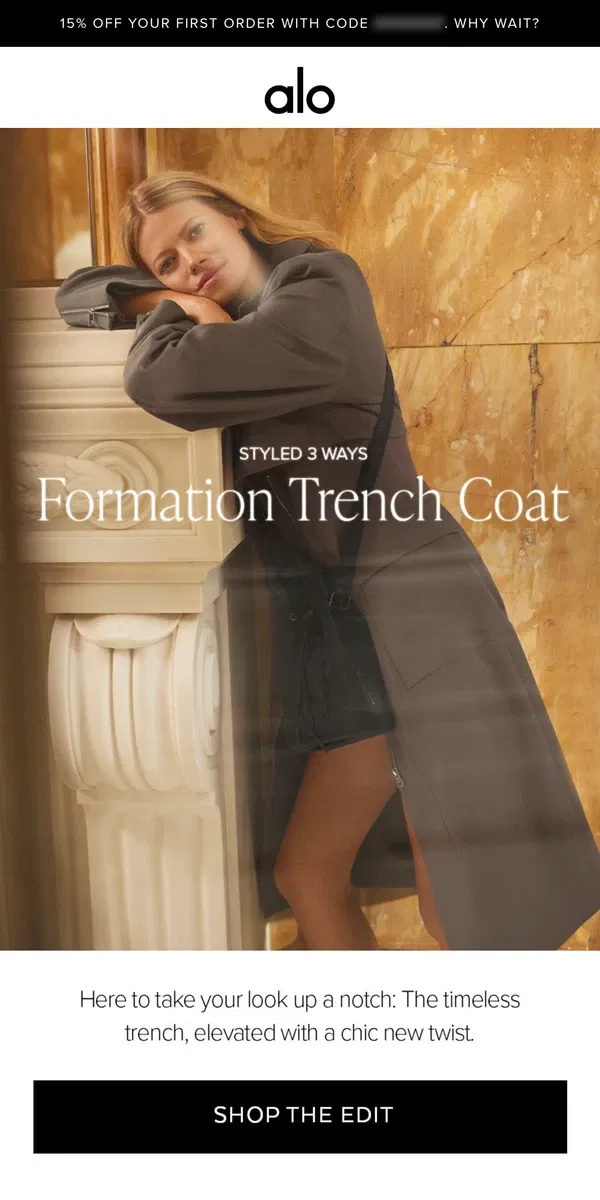 Email from Alo Yoga. NEW! Formation Trench Coat