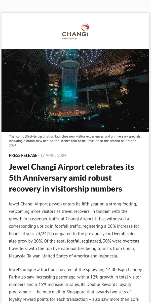 Email from Changi Airport. Jewel Changi Airport celebrates its 5th Anniversary amid robust recovery in visitorship numbers