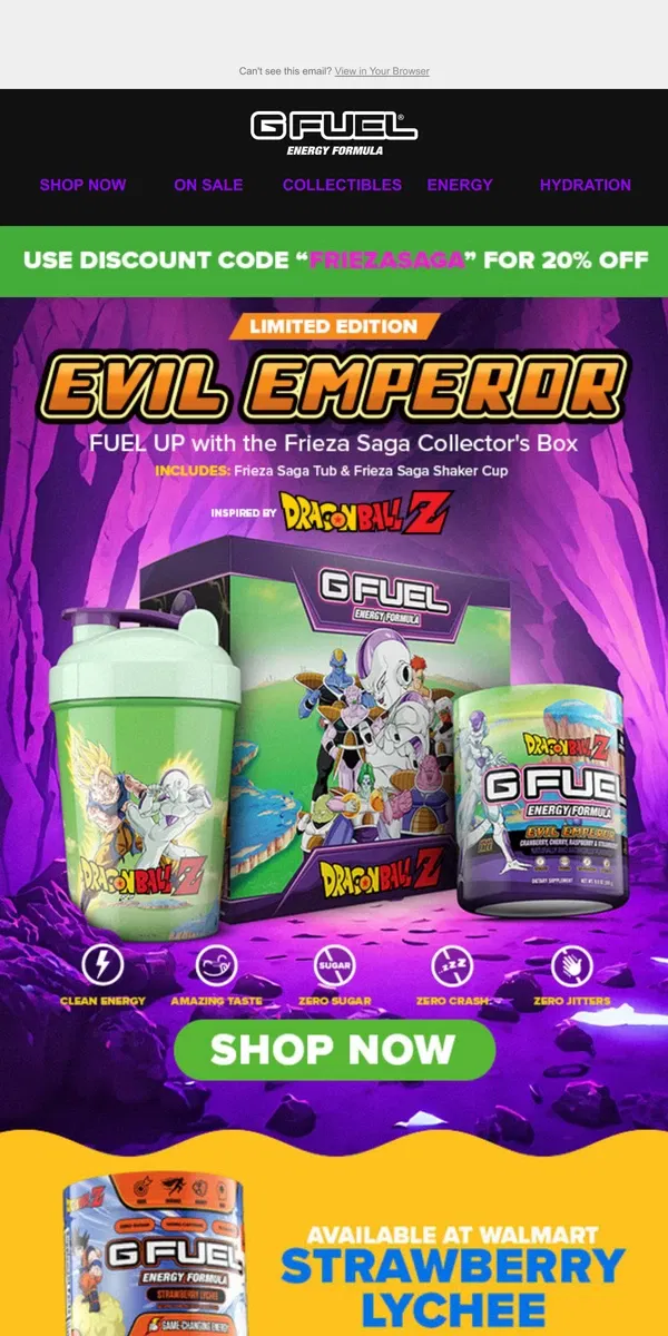 Email from G FUEL. Frieza Saga Collector's Box: Inspired by Dragon Ball Z! 🌟🚀