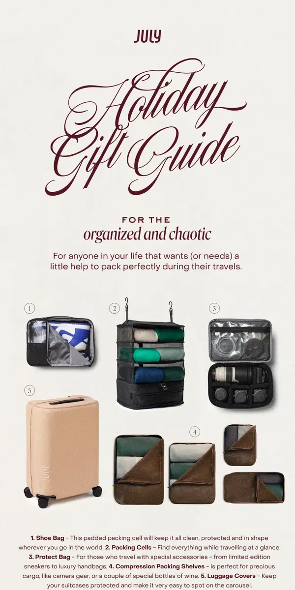 Email from July. Gift ideas for the organized (or chaotic) traveller.