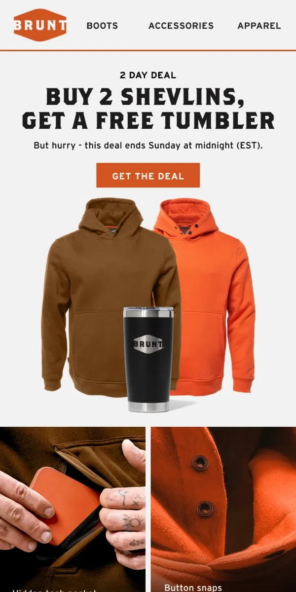 Email from BRUNT Workwear. LIMITED TIME OFFER: Free BRUNT Tumbler