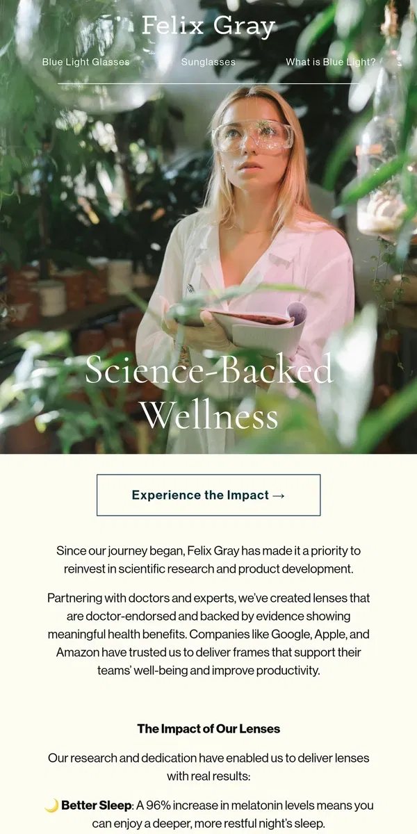 Email from Felix Gray. How Your Purchase Drives Innovation and Wellness at Felix Gray 🧑‍🔬