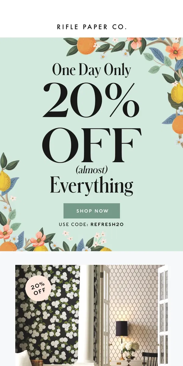 Email from Rifle Paper Co.. ONE. DAY. ONLY. ✨ 20% Off Almost Everything✨