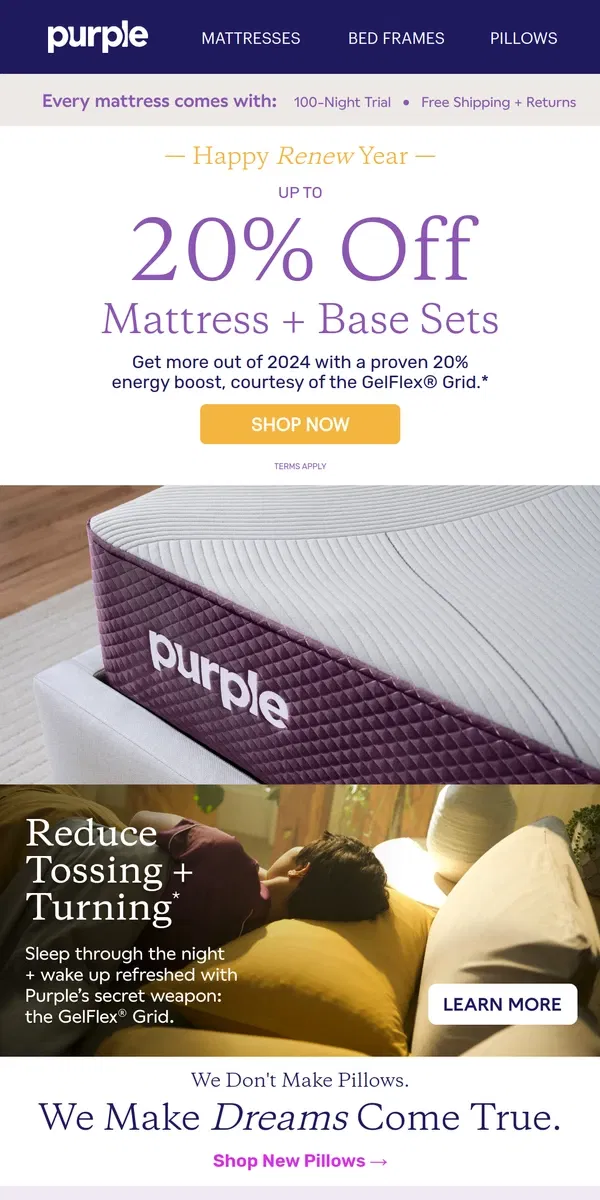 Email from Purple. Just In: Up to 20% Off Mattress + Base Sets