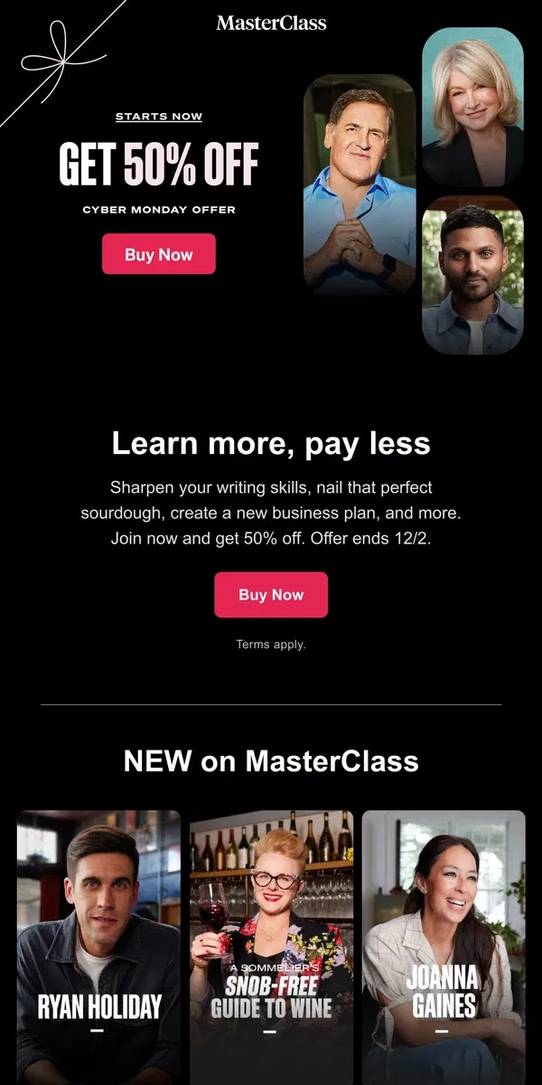 Email from Masterclass. Cyber Monday deal: Get 50% off