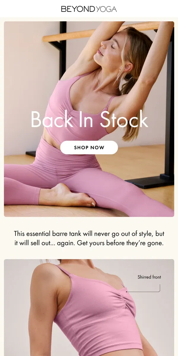 Email from Beyond Yoga. Back in Stock & Barre Inspired 🎀