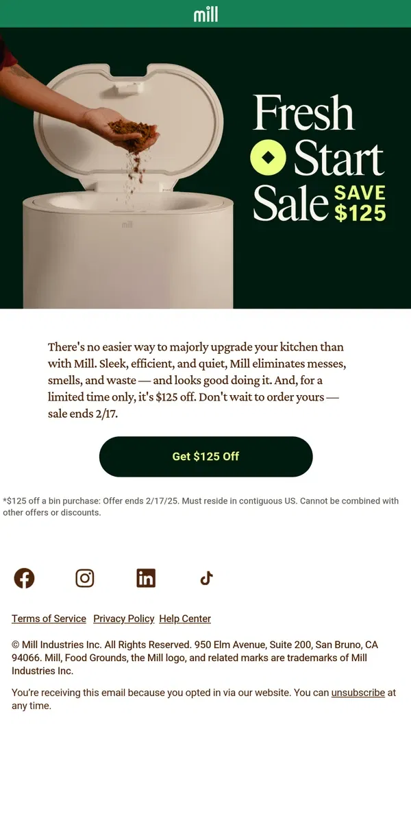 Email from Mill. Upgrade your kitchen. Save $125.